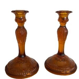 Pair of 1940s Depression Era Amber Pressed Indiana Glass Company Candle Holders